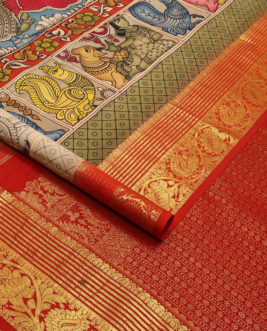 Sandal pichwai theme design kalamkari silk saree with contrast intricate zari design border & floral jaal design pallu