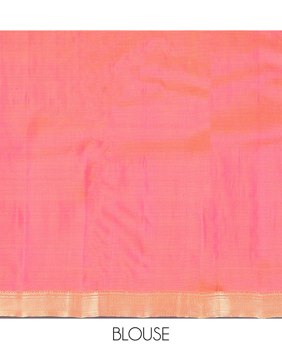 Pink Kanchipuram Silk Saree, Subtly Sparkled with Zari Buttas and Vazhaipoo Stripes All Over Its Body, Highlighted by a Zari Border of Rekku, Banaras, Neli, and Mayil Kann Designs, Intricately Designed Pallu, and Paired with a Matching Blouse
