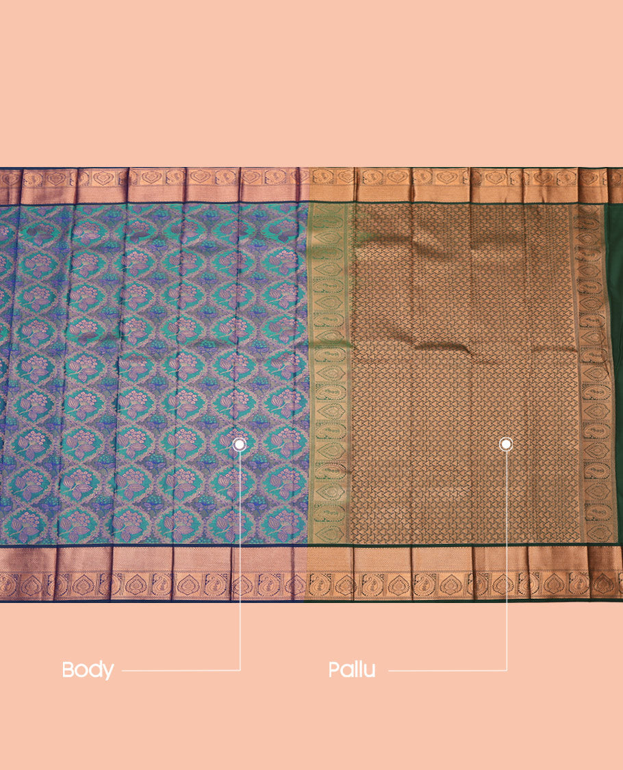 Peacock Blue Budget Silk Saree, Mesmerized with Jacquard, Complemented by Contrast Traditional Zari Border, Grand Pallu, and a Contrast Blouse