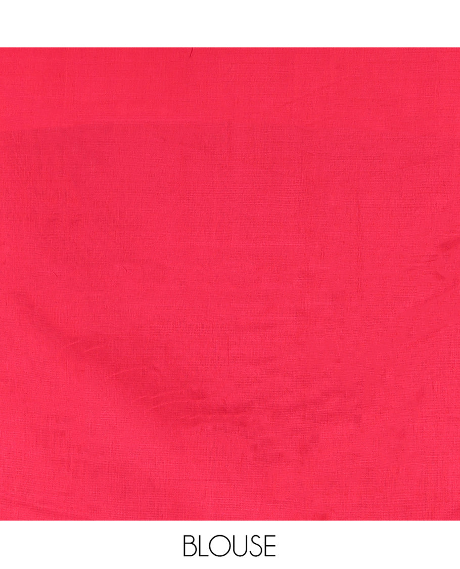 Blue Ikkat Cotton Saree, Decorated with Ikkat-style Buttas All Over Its Body, Complemented by a Contrast Ikkat-Textured Border, Pallu of Butta Enclosed Checks, and Paired with a Contrast Blouse