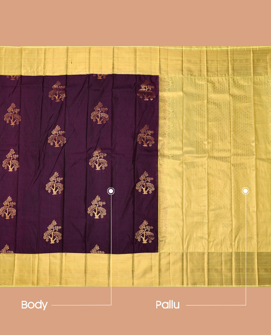 Purple Budget Silk Saree, Elevated with Tree Zari Buttas, Complemented by a Contrast Traditional Zari Border, Sparsely Threaded Pallu, and a Contrast Blouse