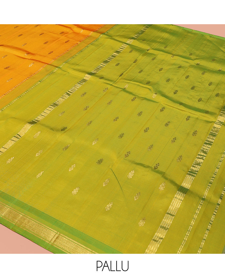 Yellow Kanchipuram Silk Saree, Subtly Sparkled with Zari Buttas, a Contrast One-Sided Border of Banaras, and Mayil Kann Design, Zari-Woven Pallu, and No Blouse