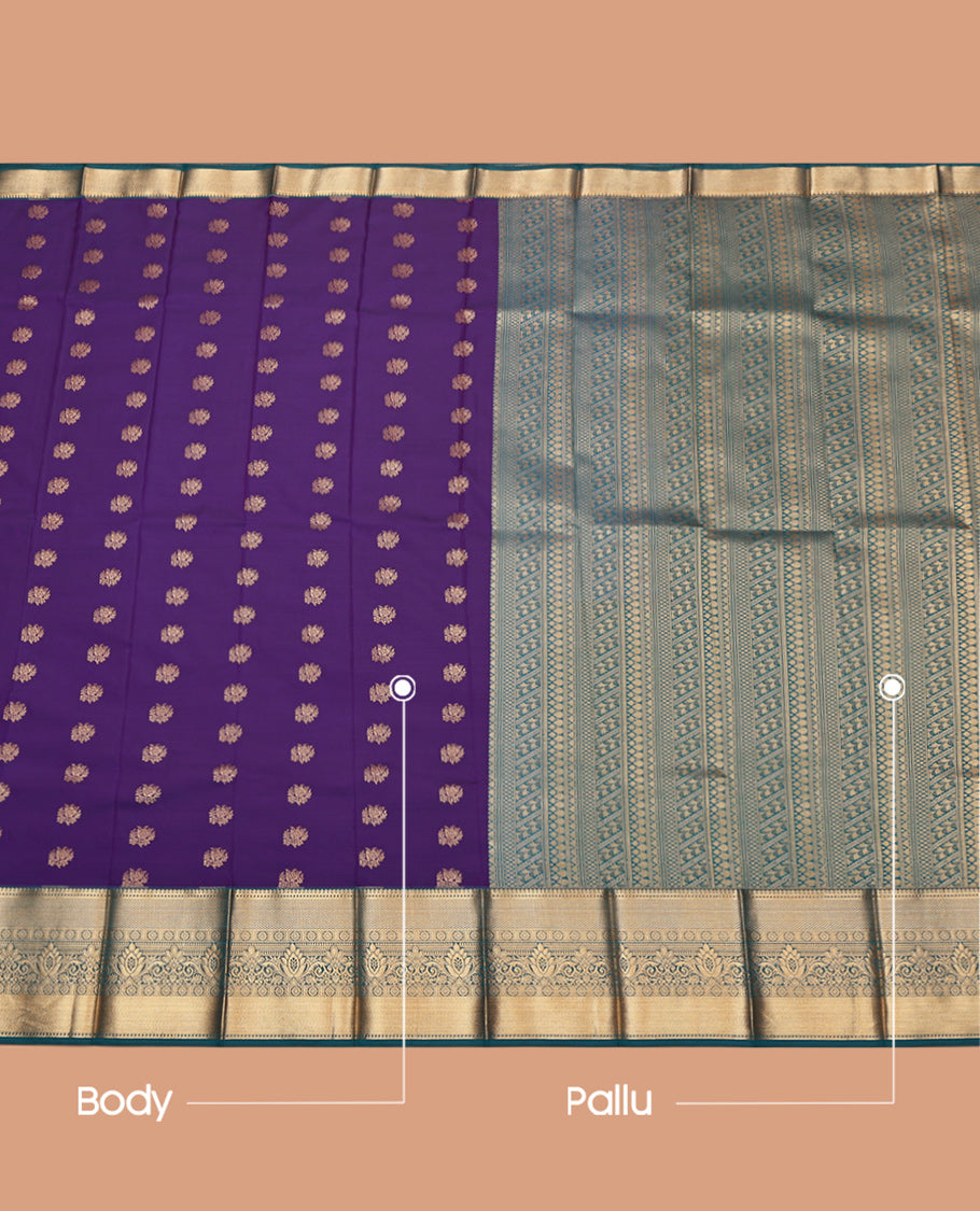 Violet Budget Silk Saree, Prettified with Zari Buttas, Complemented by a Contrast Traditional Zari Border, Grand Pallu, and Contrast Blouse