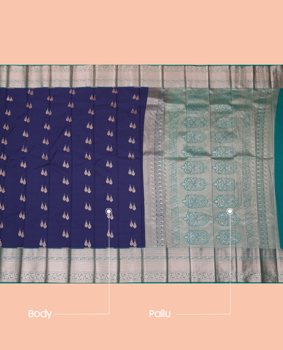 Navy Budget Silk Saree, Ornamented with Zari Buttas and Checks, Complemented by a Contrast Traditional Zari Border, Intricate Pallu, and a Contrast Blouse