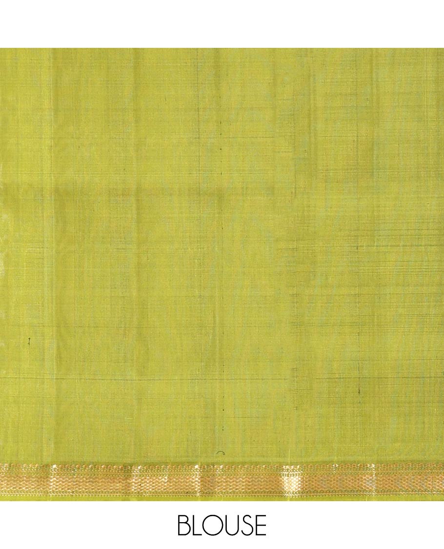 Blue Mayuri Soft Silk Saree, Spotlighted with Zari Buttas All Over Its Body, Complemented by Contrast Border of Salngai, Muthu, Banaras, and Kuyil Kann Designs, Grand Jaal Pallu and Paired with a Contrast Blouse