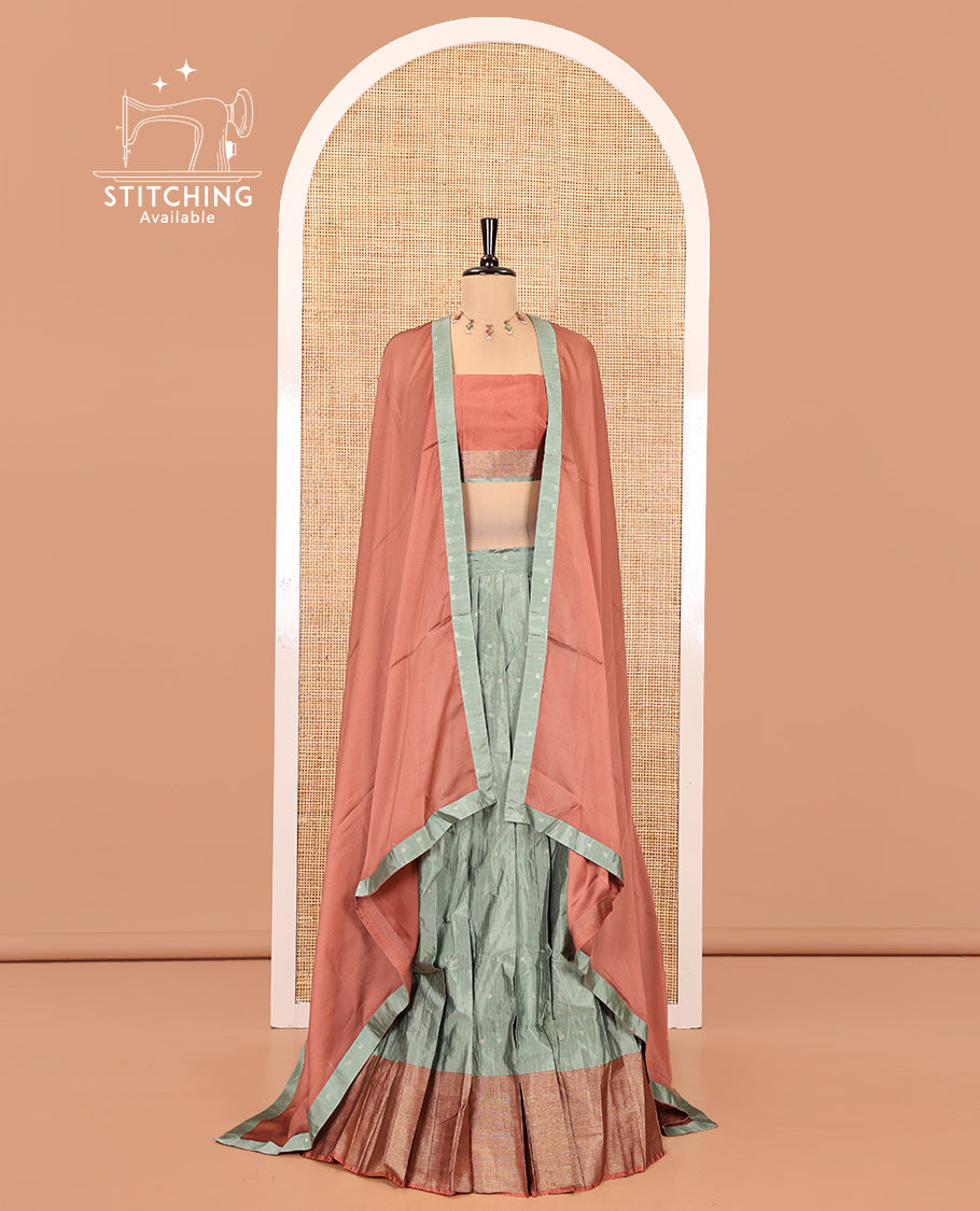Steel Grey-Rust Taffeta Silk Half-Saree Featuring Buttas Skirt, Contrast Border, Contrast Blouse, Contrast Plain Dhavani