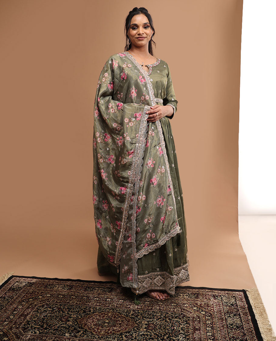 olive green floral embroidered round neck, 3/4 th sleeve, floor length top & floral embroidered dupatta