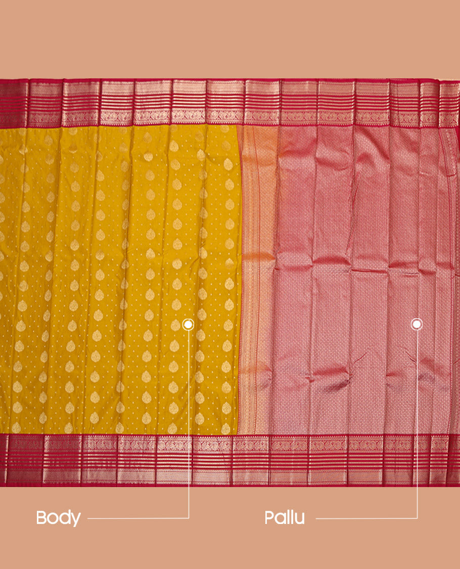 Yellow Budget Silk Saree, Sparsely Woven with Zari Buttas, Complemented by Contrast Traditional Zari Border, Jaal Pallu, and a Contrast Blouse