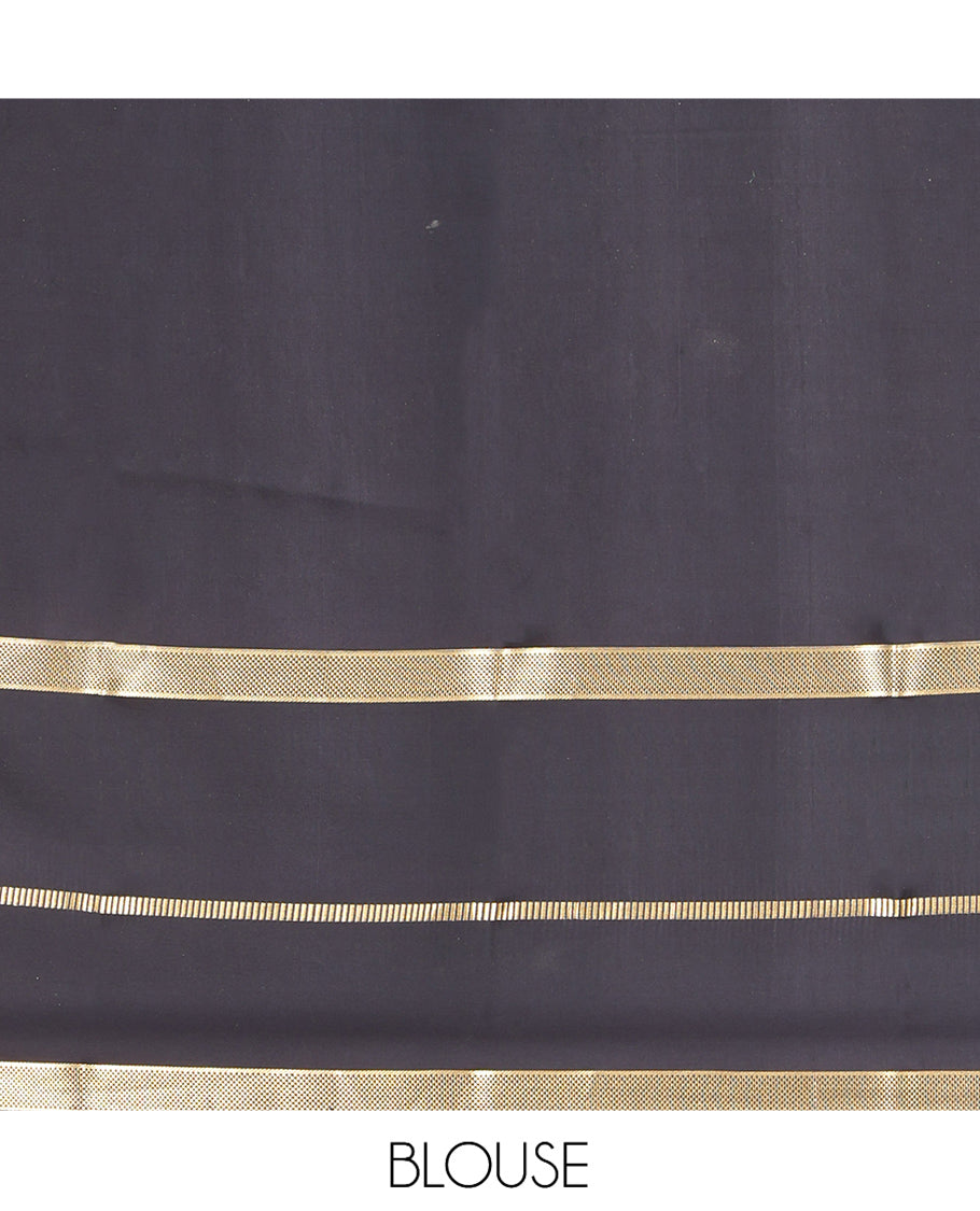 Yellow Mysore Silk Saree, Gleamed Up with Zari Buttas, Complemented by a Contrast Traditional Zari Border, Grand Temple Pallu, and a Contrast Blouse