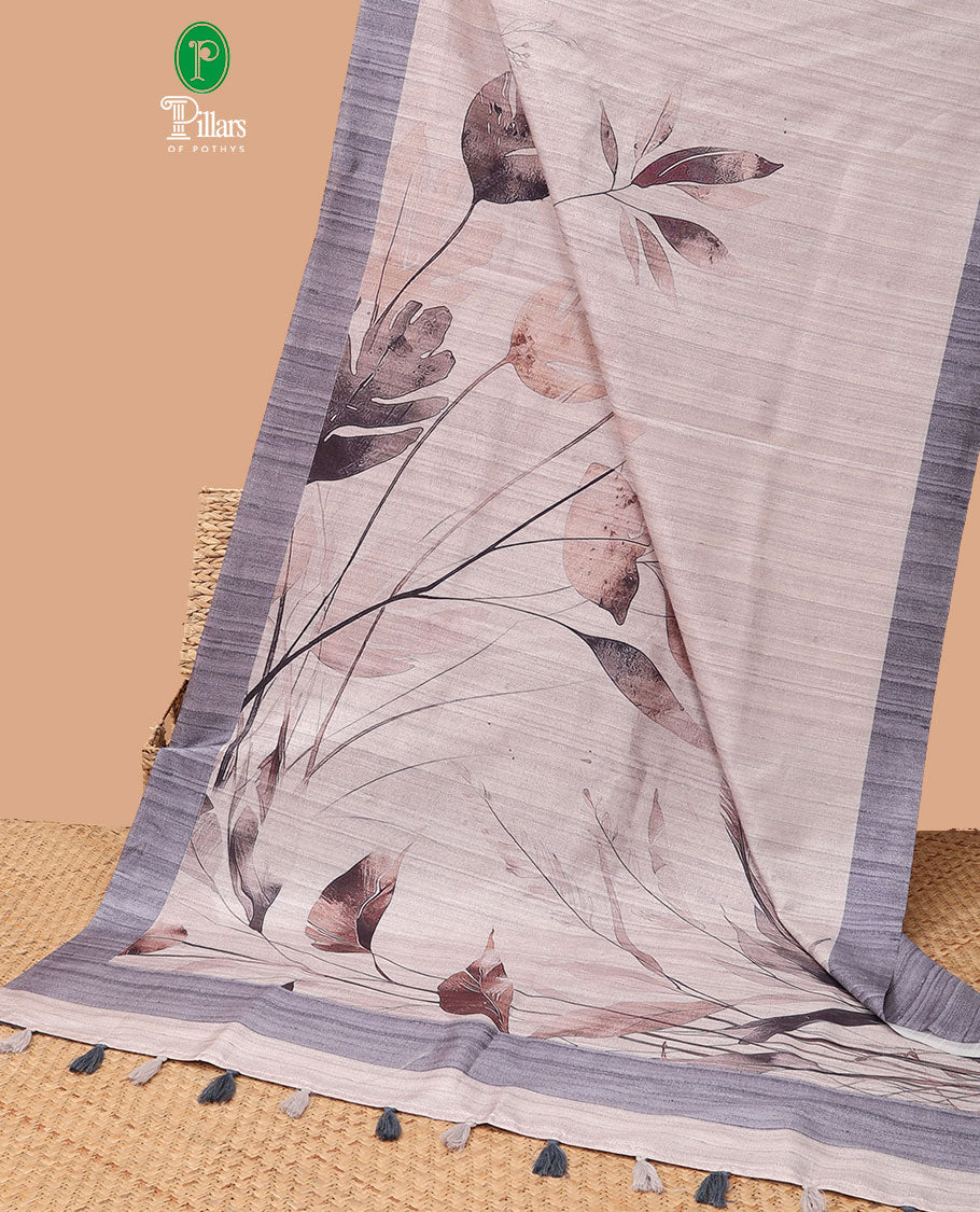 Cream with blue leaf digital printed design semi-tussar saree with contrast border & printed pallu, tussles along with contrast plain blouse