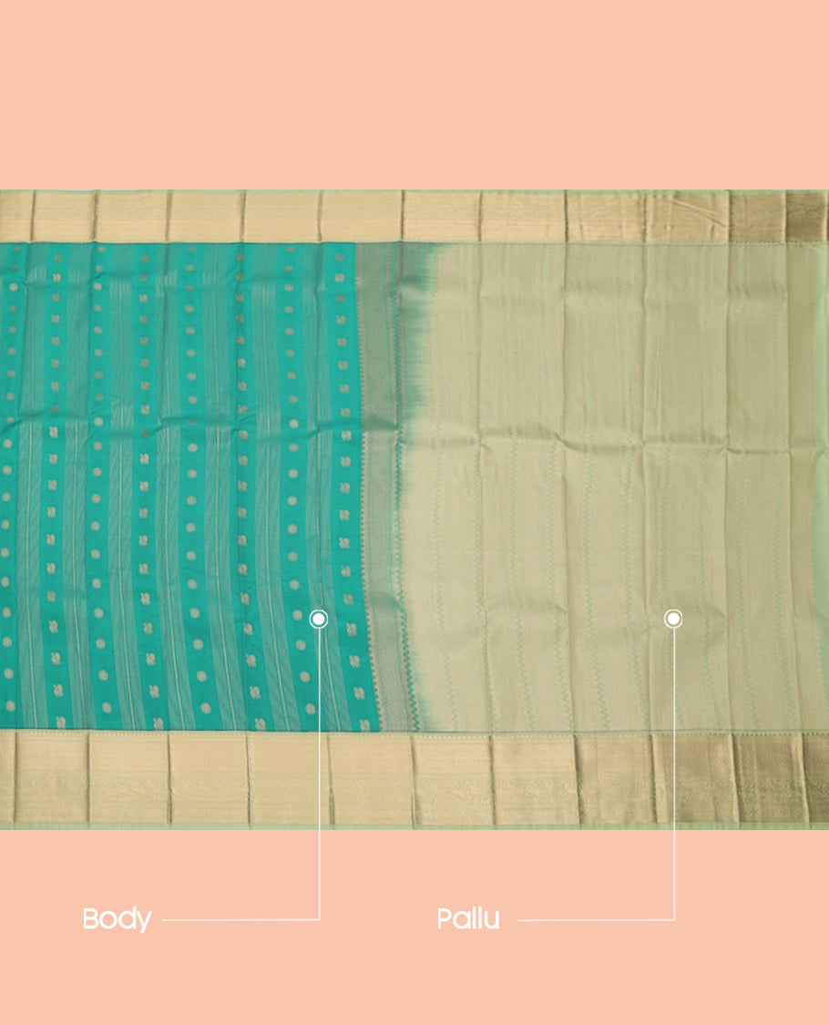 Green Budget Silk Saree, Decorated with Peacock-Chakram Buttas and Stripes, Complemented by a Contrast Traditional Zari Border, Grand Pallu, and a Contrast Blouse