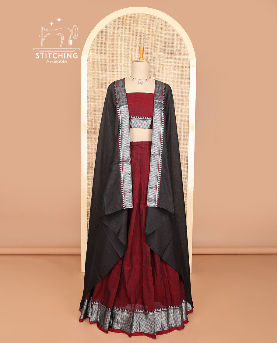 Maroon cotton half saree with self zari design border, zari design blouse & plain, temple, checked design border dhavani