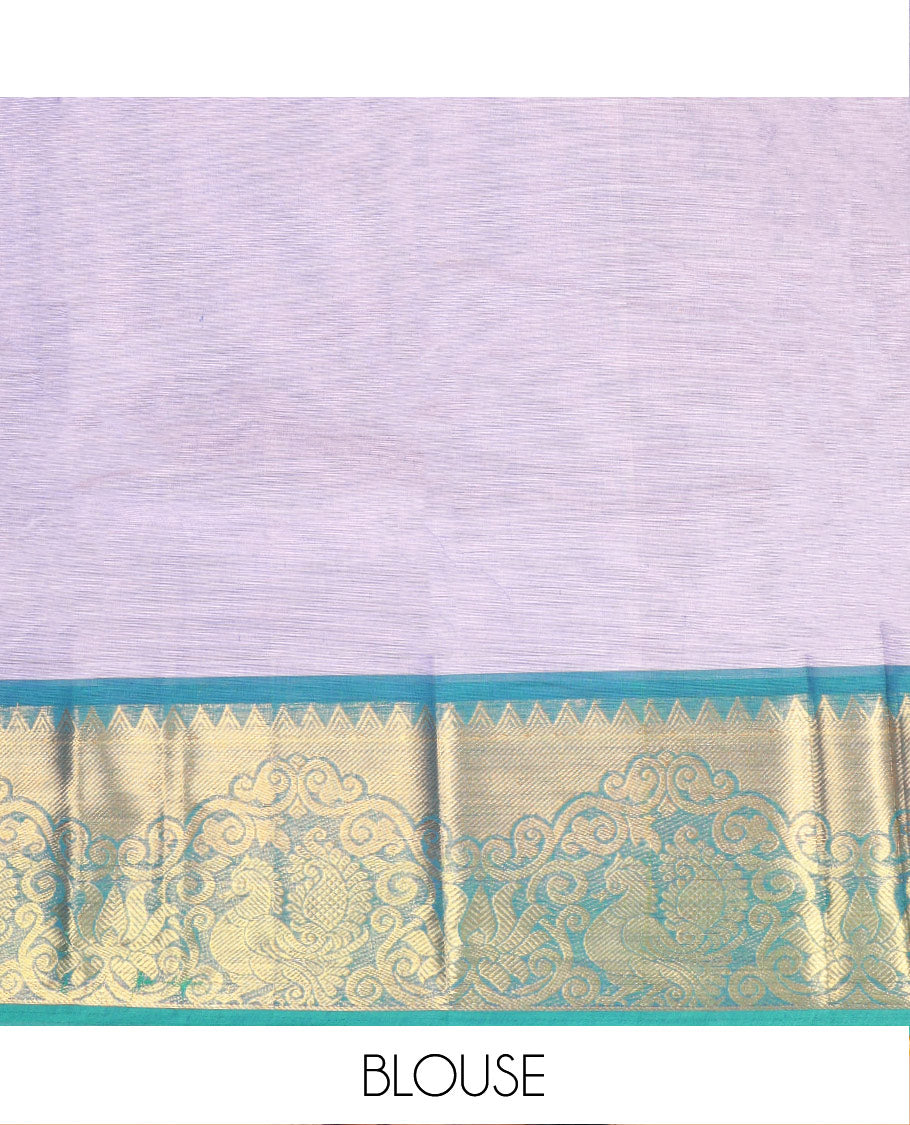 Blue Chettinad Cotton Saree, Sparsely Woven with Buttas All Over Its Body, Complemented by a Contrast Traditional Zari Border of Peacock Design, Subtle Pallu, and Paired with a Matching Blouse