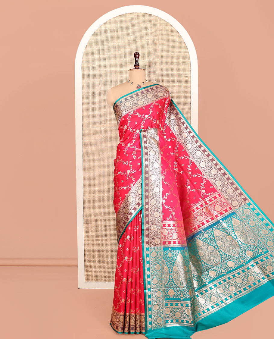 Pink Banarasi Nylon Saree, Embellished with Jacquard Design, Complemented by a Contrast Traditional Zari Border, Intricate Pallu, and a Contrast Blouse