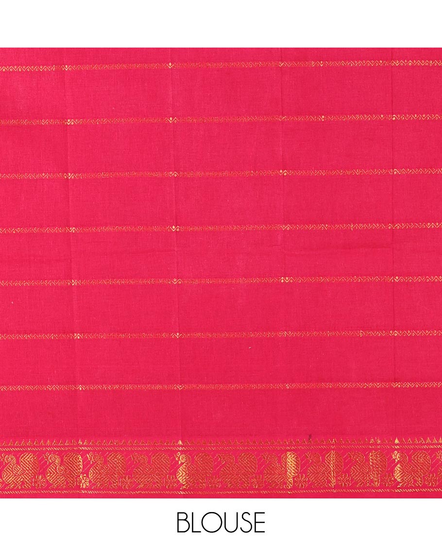 Brown zari checked sungudi cotton saree, temple traditional zari border, zari striped pallu, and a contrast veldhari design woven blouse