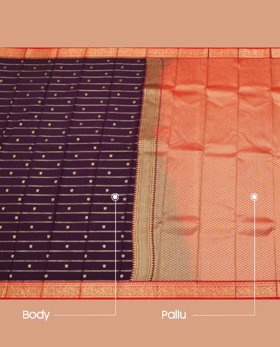 Lavender Budget Silk Saree, Finely Crafted with Zari Buttas and Zari Stripes on Its Body, Complemented by a Contrast Peacock Zari Design Border, Grand Jaal Pallu, and Paired with a Contrast Blouse