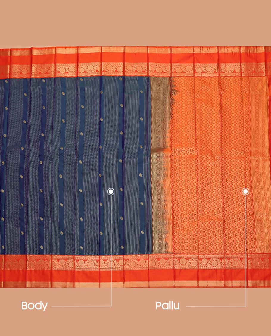 Blue Budget Silk Saree, Dazzled with Zari Buttas and Zari Stripes All Over Its Body, Complemented by a Contrast Traditional Zari Design Rettai Pettu Border, Intricate Pallu, and Paired with a Contrast Blouse