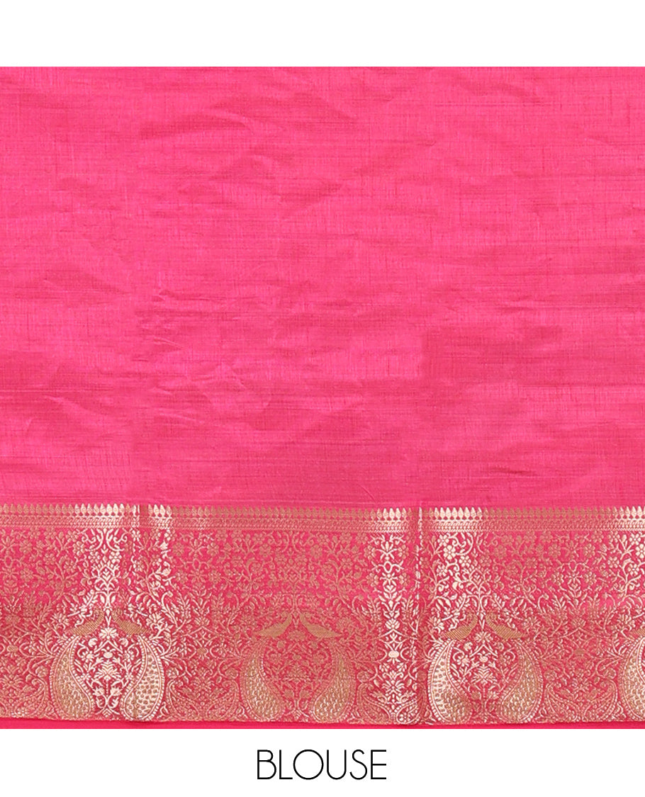 Cream-Rani Pink Plain Art Tussar Saree