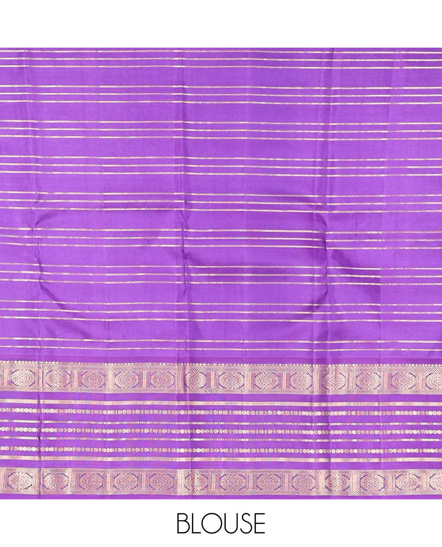 Orange Vasundhara Silk Saree, Enthralled with Zari Checks, a Contrast Border of Salngai, Bentex, Chakram, and Rudraksham Designs, Grand Pallu, and a Contrast Blouse