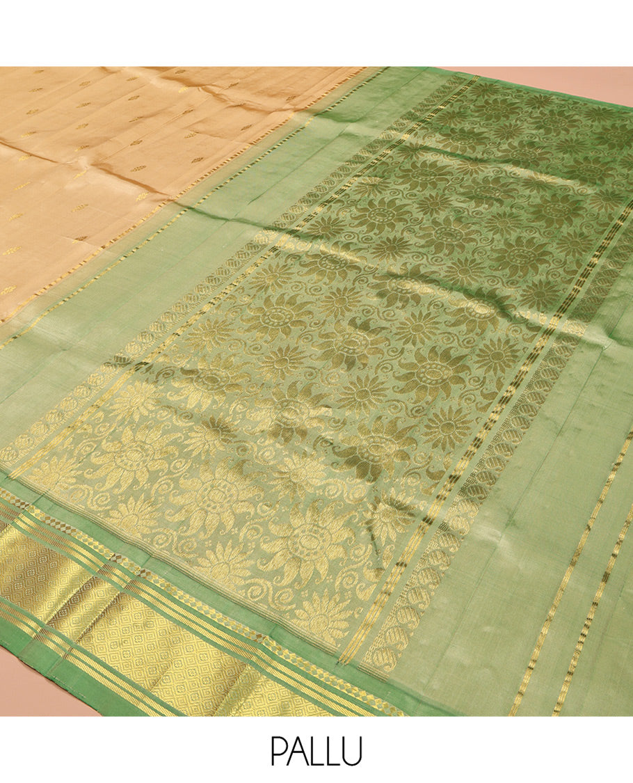 Sandal Kanchipuram Silk Saree, Sparsely Sparkled with Zari Buttas, Complemented by a Contrast One-Sided Border of Panner Sombu, Banaras, and Jaal, Floral Design Pallu, and No Blouse