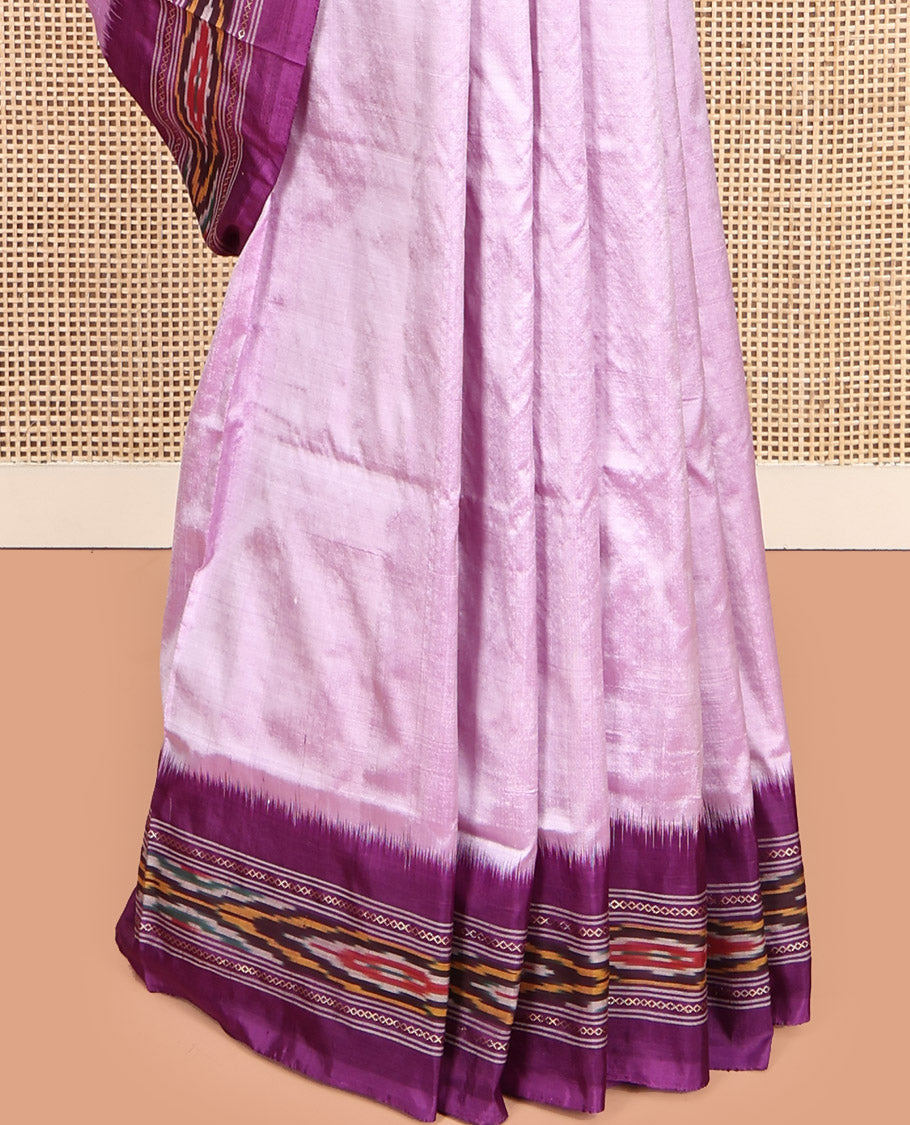 Light Lavender Plain Pochampally Ikat Silk Saree, Complemented by a Contrast Ikat Textured Border, Ikat Pallu, and No Blouse