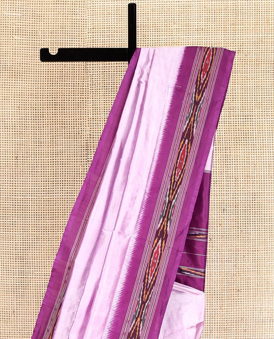 Light Lavender Plain Pochampally Ikat Silk Saree, Complemented by a Contrast Ikat Textured Border, Ikat Pallu, and No Blouse