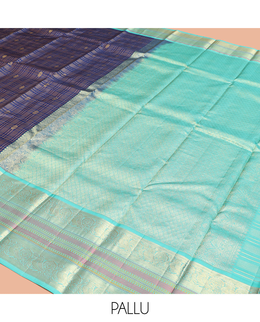 Blue Vasundhara Silk Saree, Adorned with Zari Buttas Enclosed Checks All Over Its Body, Complemented by a Contrast Border of Kathir, Muthu, and Rudraksham Designs, Grand Intricate Pallu, and Paired with a Contrast Blouse