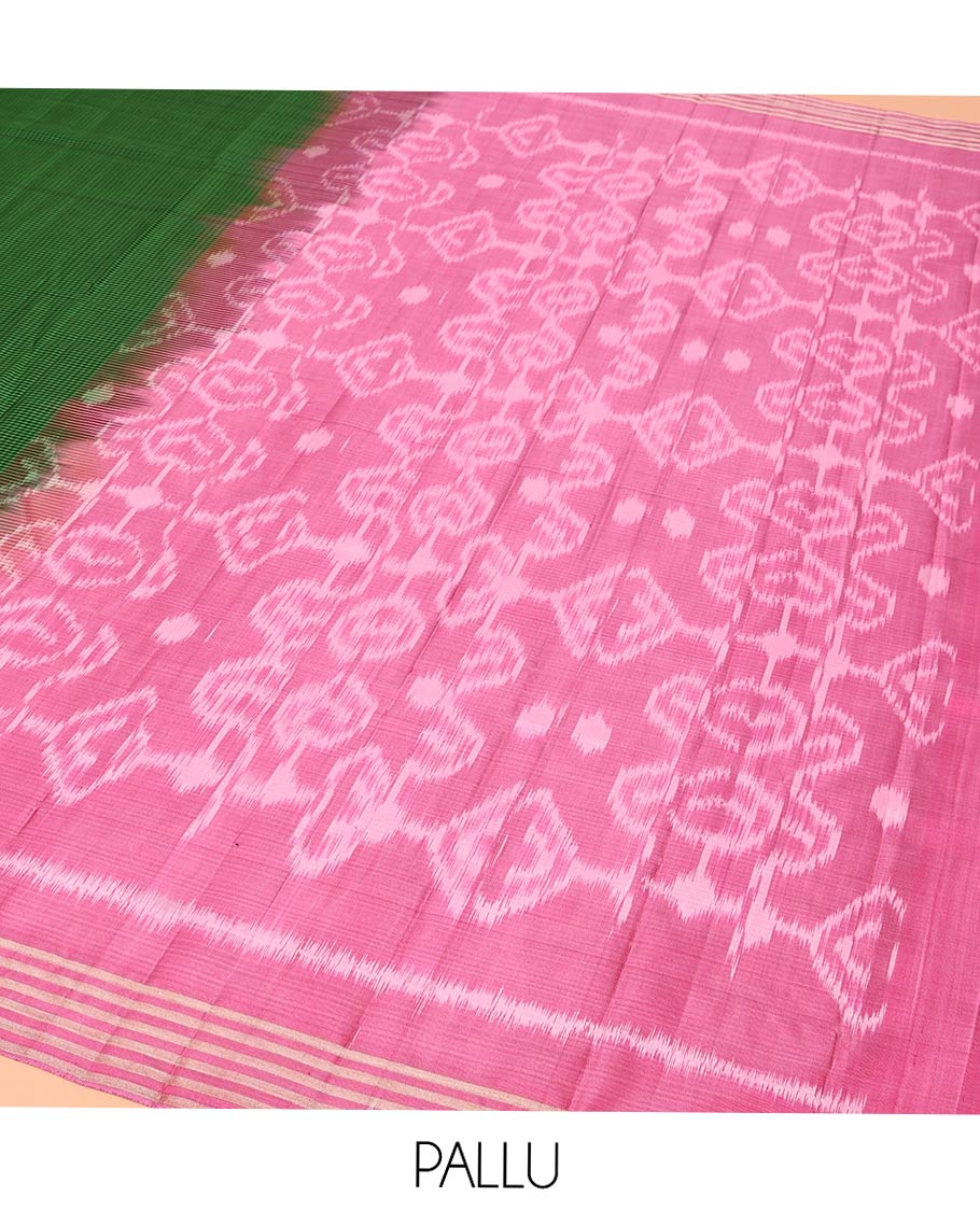 Green and Black Mayuri Soft Silk Saree, Subtly Sparkled with Kasa-Kasa Checks All Over Its Body, Highlighted by Zari Striped Border, Delicately Woven Pallu of Ikkat Texture, and Paired with a Contrast Blouse