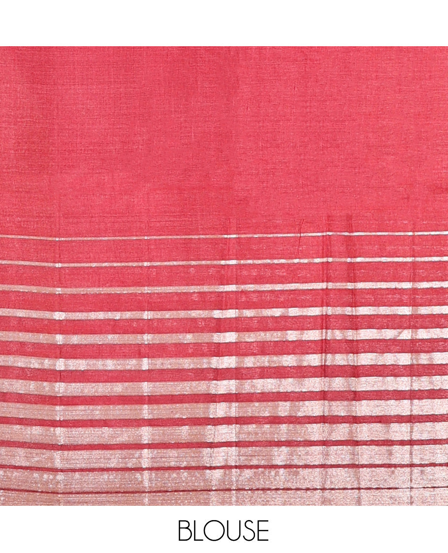 Borderless Red Tussar Silk Saree, Elegantly Framed with Zari Stripes and Floral Buttas, Striped Pallu, and a Matching Blouse
