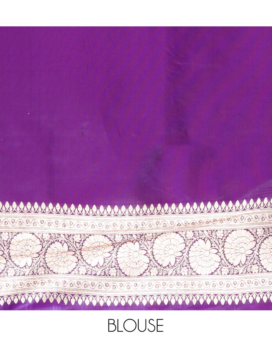 Violet Semi-Banaras Saree, Opulently Embellished with Buttas and Diagonal Stripes All Over Its Body, Highlighted by a Floral Creeper Design Border, Intricately Designed Pallu, and Paired with a Matching Blouse