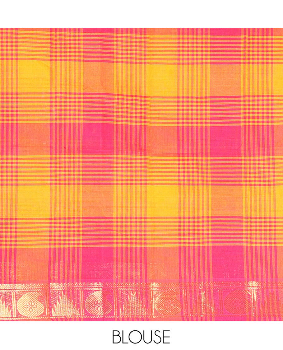 Yellow-Pink Chettinad Cotton Half Saree Features Checked Skirt, a Traditional Zari Border, a Matching Blouse, and a Contrast Dhavani
