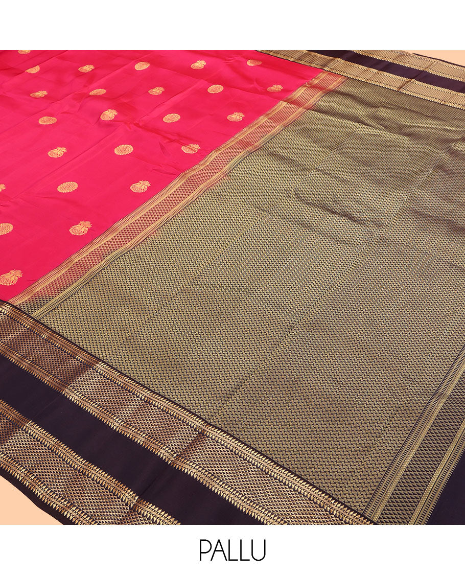 Pink Vasundhara Lite Silk Mix Saree, Woven with Zari Buttas, a Contrast Rettai Pettu Border of Ara Bogudi, Banaras, Muthu, and Ara Maadam Designs, Grand Pallu, and a Contrast Blouse