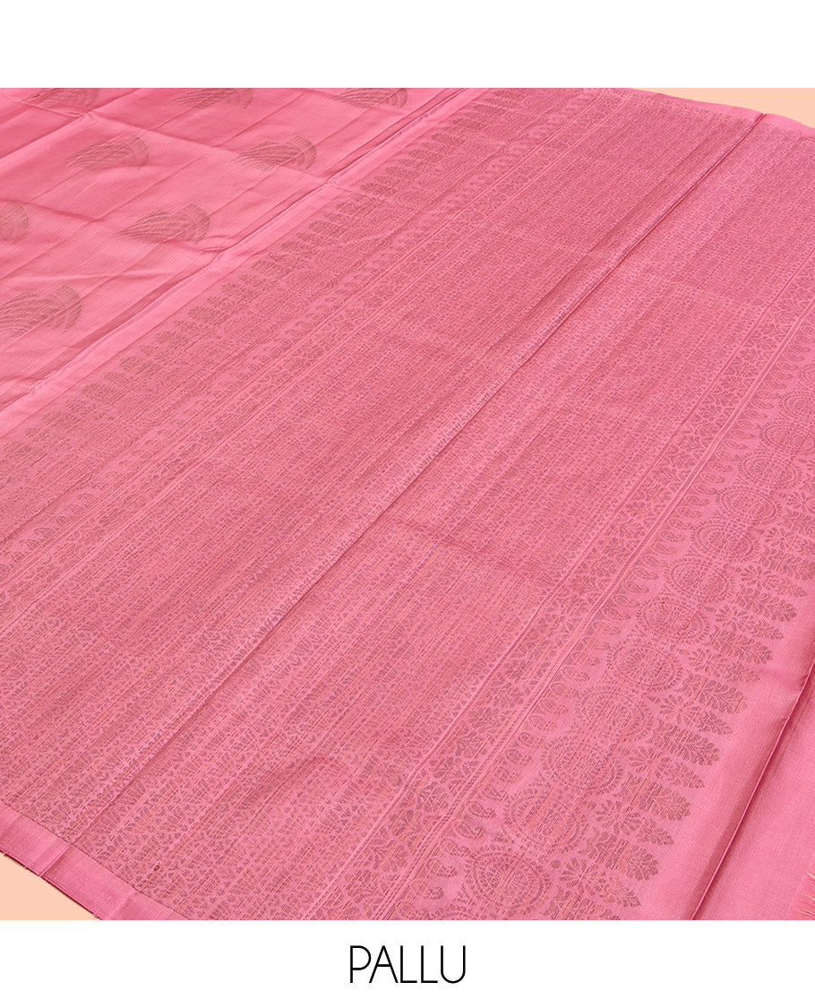 Borderless Pink Mayuri Soft Silk Saree, Enriched with Zari Buttas, Sparsely Woven Pallu, and Matching Blouse