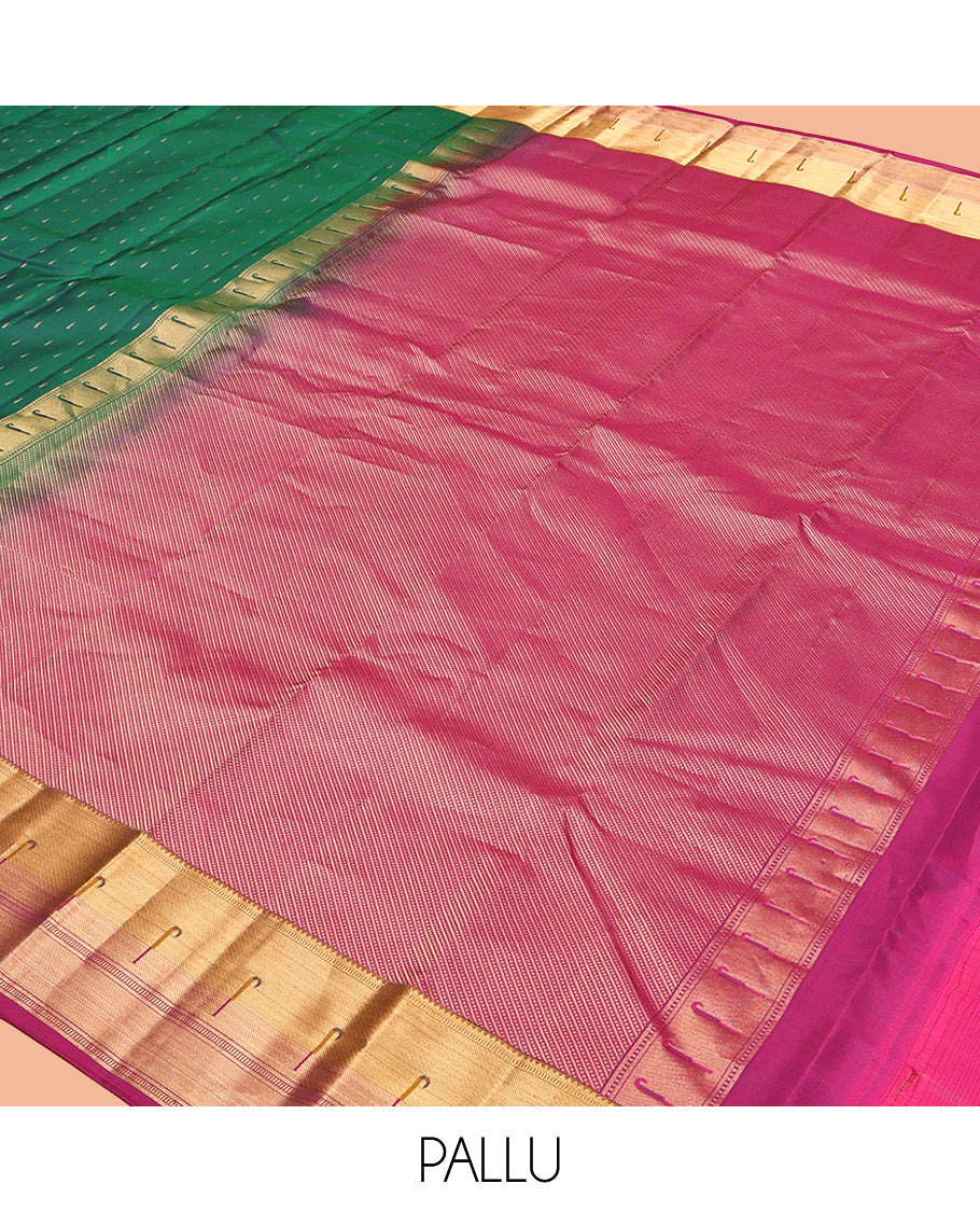 Green Vasundhara Lite Silk Mix Saree, Woven with Zari Buttas, Complemented by a Contrast Zari Muniya Border, Grand Pallu, and a Contrast Blouse