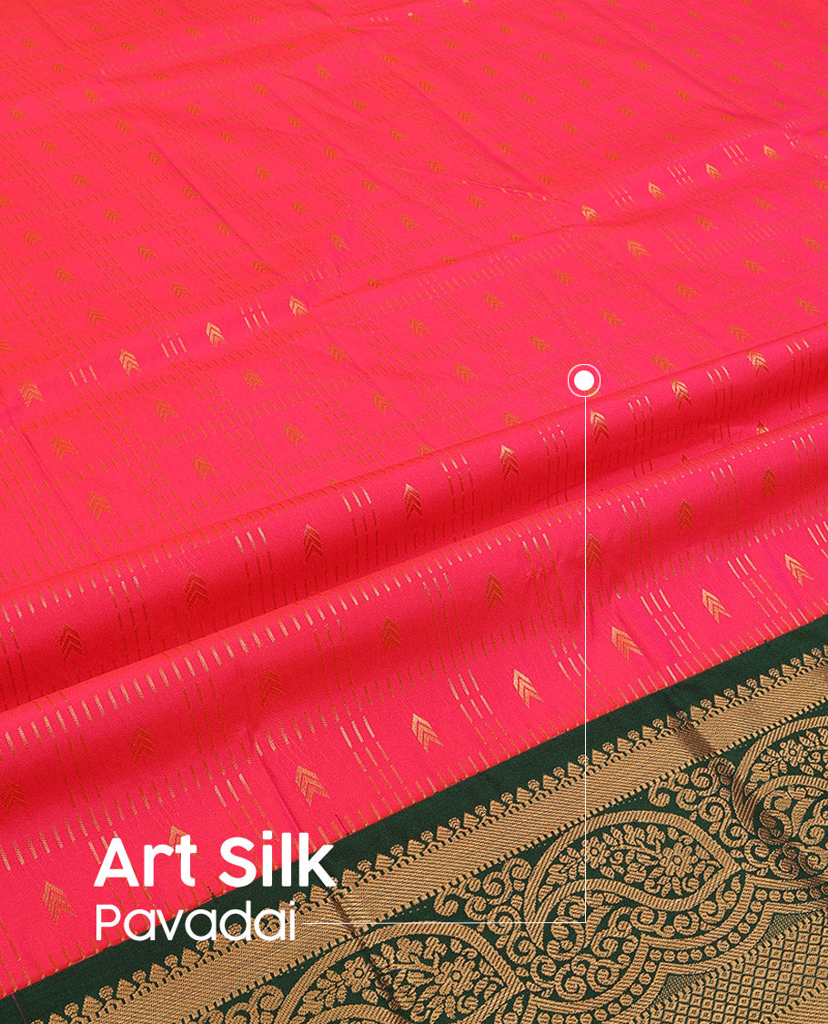 Pink Art Silk Pavadai Material Set, Beautified with Zari Butta Enclosed Checks All Over the Skirt, Complemented by a Contrast Paisley Zari Border, and Paired with a Contrast Blouse