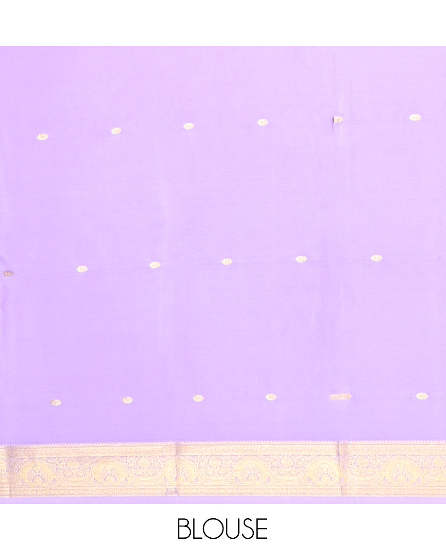 Violet Zari Buttas Mysore Silk Saree, Complemented by a Contrast Traditional Zari Border, Zari Design Pallu, and a Contrast Blouse