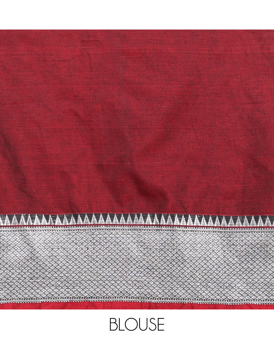 Maroon cotton half saree with self zari design border, zari design blouse & plain, temple, checked design border dhavani