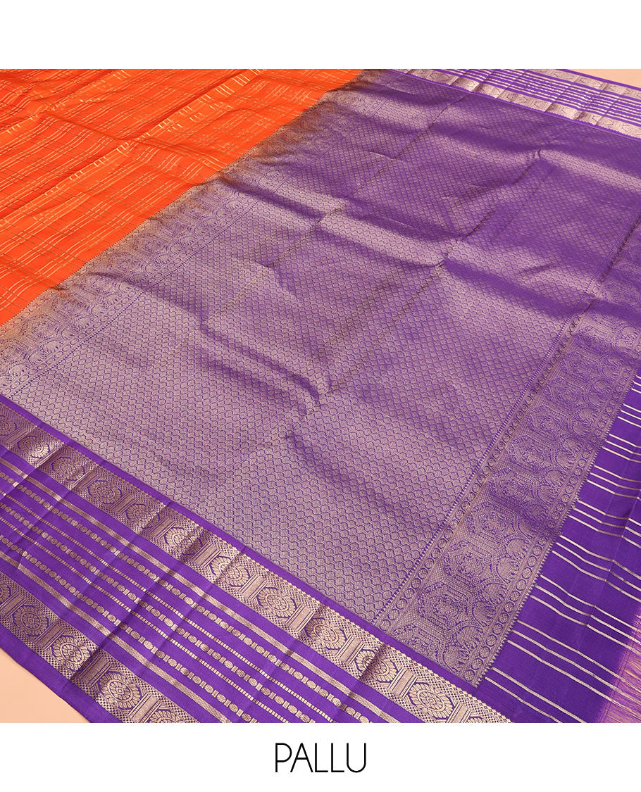 Orange Vasundhara Silk Saree, Enthralled with Zari Checks, a Contrast Border of Salngai, Bentex, Chakram, and Rudraksham Designs, Grand Pallu, and a Contrast Blouse