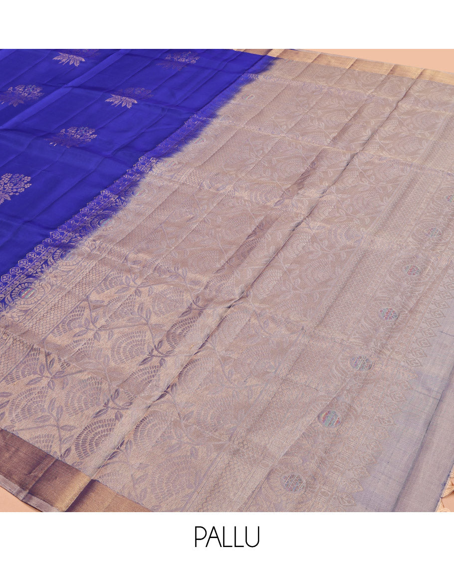 Blue Mayuri Lite Silk Mix Saree, Woven with Zari Buttas, Highlighted by Zari Bavanji Border, Pallu of Floral Jaal Design, and a Contrast Blouse