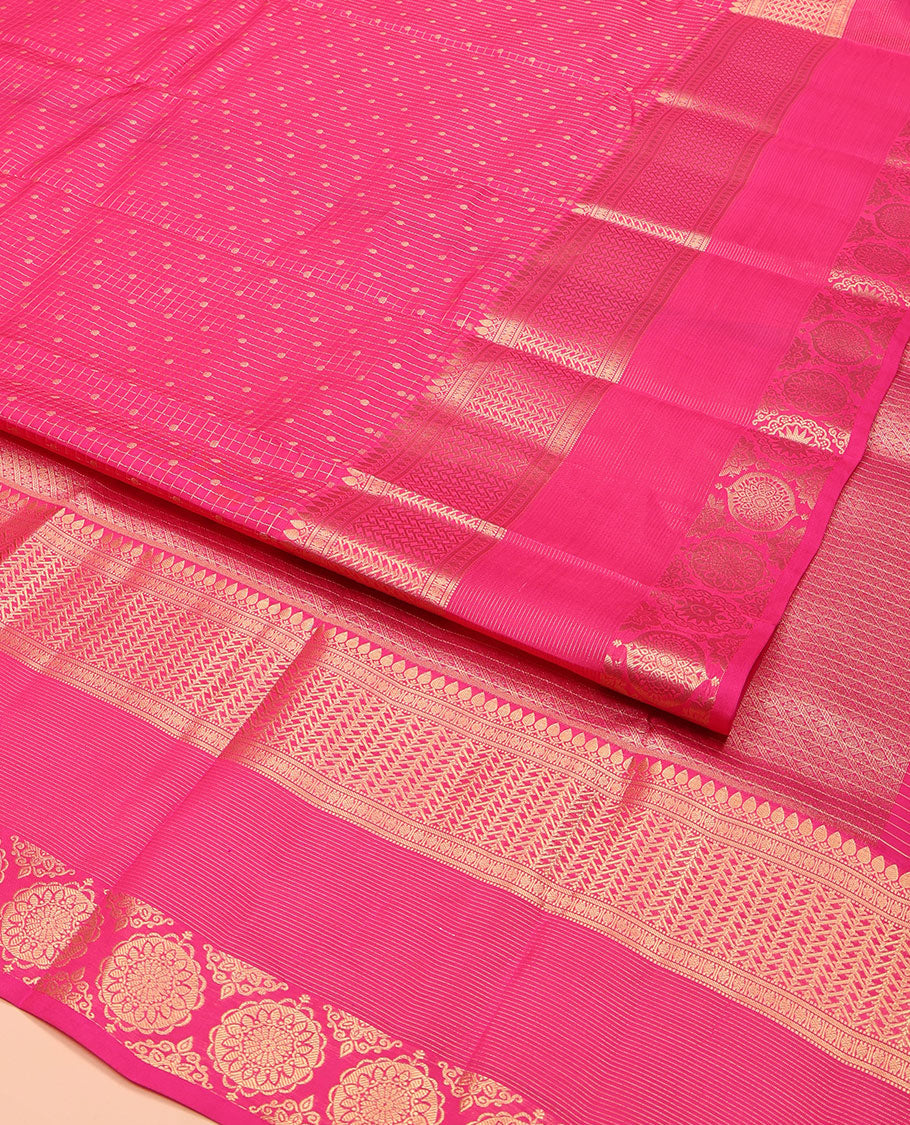 Pink Vasundhara Lite Silk Mix Saree, Richly Detailed with Zari Buttas and Checks, Highlighted by Zari Border of Thilakam Mokku, Muthu, Rudraksham, and Chakram Designs, Majestically Detailed Pallu, and Paired with a Matching Blouse