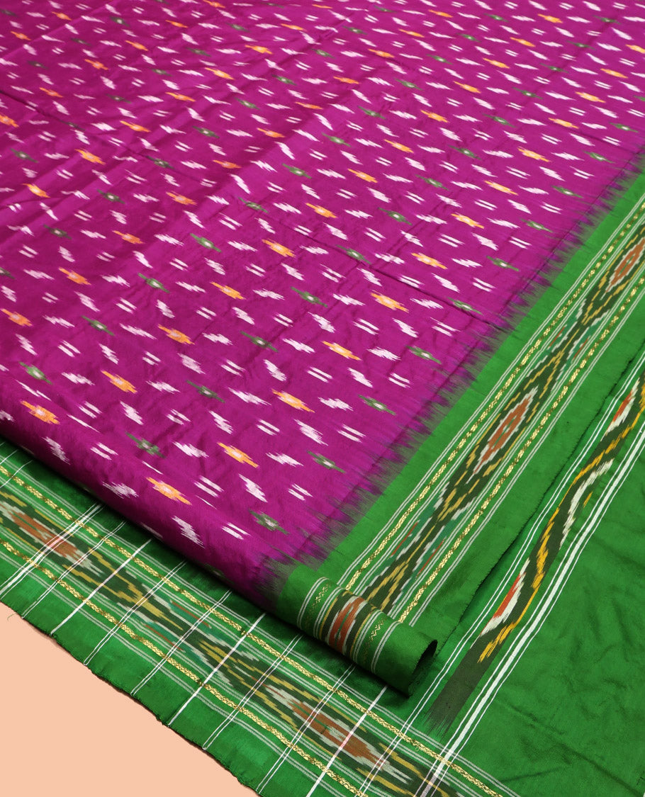 Purple Pochampally Ikat Silk Saree, Elevated with Ikat Buttas, Complemented by a Contrast Ikat Border, Ikat-Style Pallu, and No Blouse