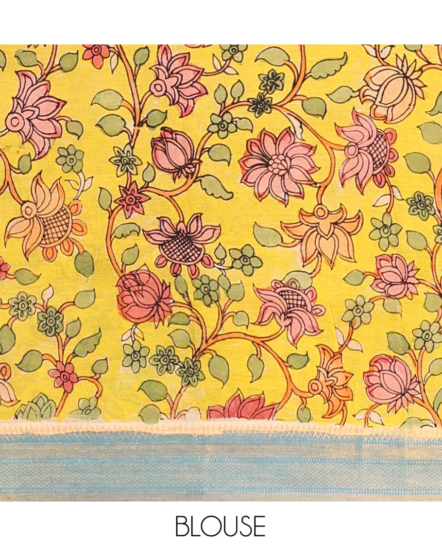 Orange Kalamkari Silk Saree, Styled with Floral Vine Print, a Contrast Traditional Zari Border, Human Motifs Pallu, and a Contrast Blouse