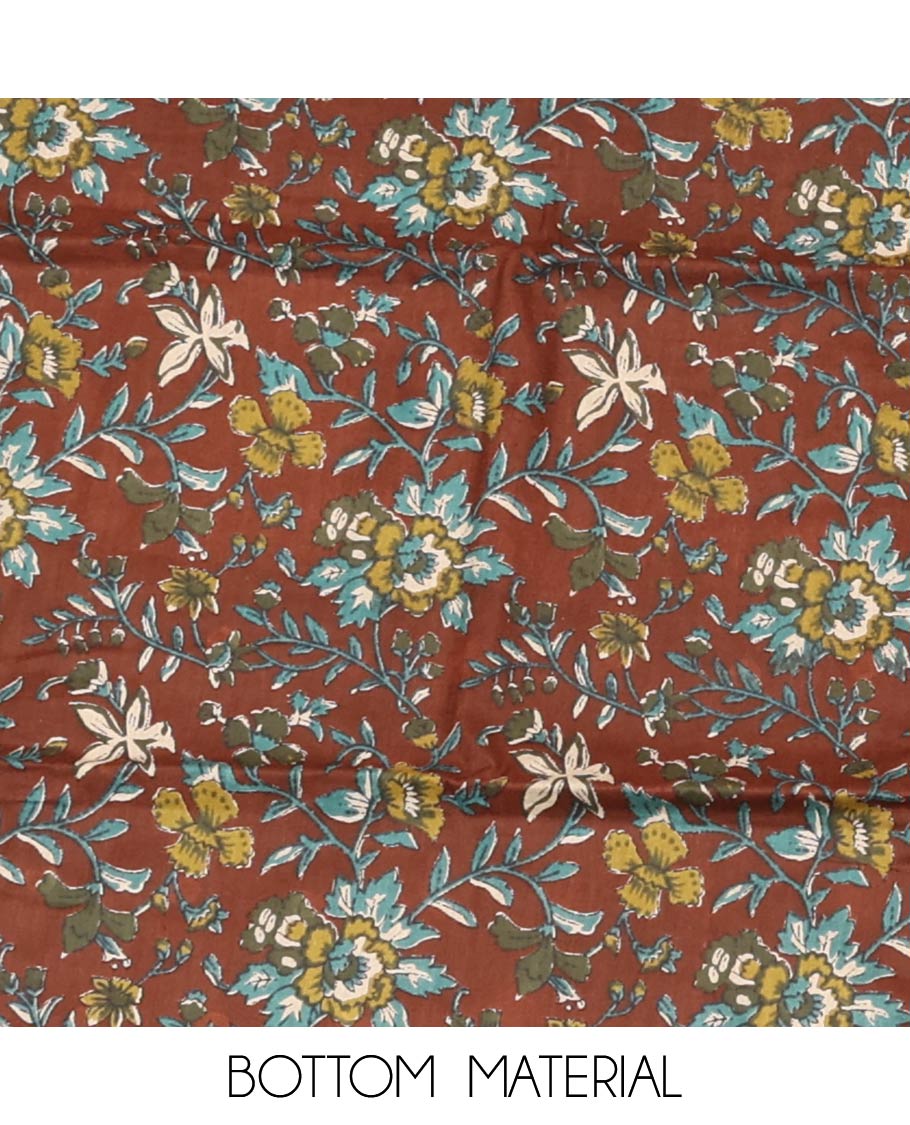 Brown Material Chudidar Set, Embellished with Floral Block Print and Neck Work Cotton Top, a Floral Printed Cotton Bottom, and Paired with Floral Printed Dupatta