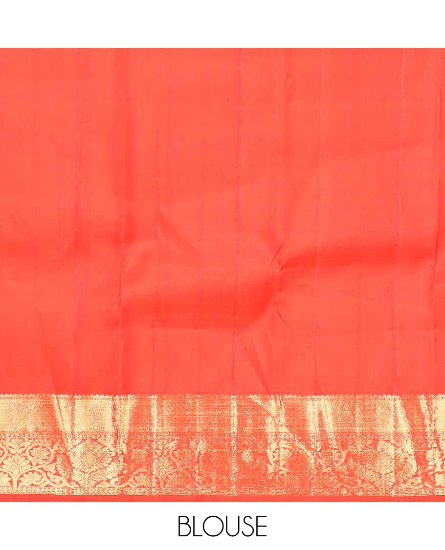 Red buttas kancheepuram silk saree with self border of rekku, banaras, kodi visiry design & jaal design pallu