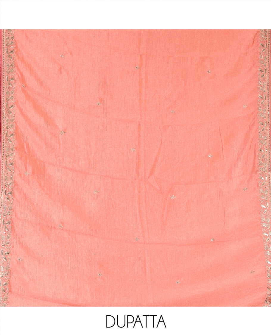 Onion Pink Vichitra Silk Material Chudidar, Embroidered and Cut-work Top, Santoon Bottom, and an Embroidered Dupatta