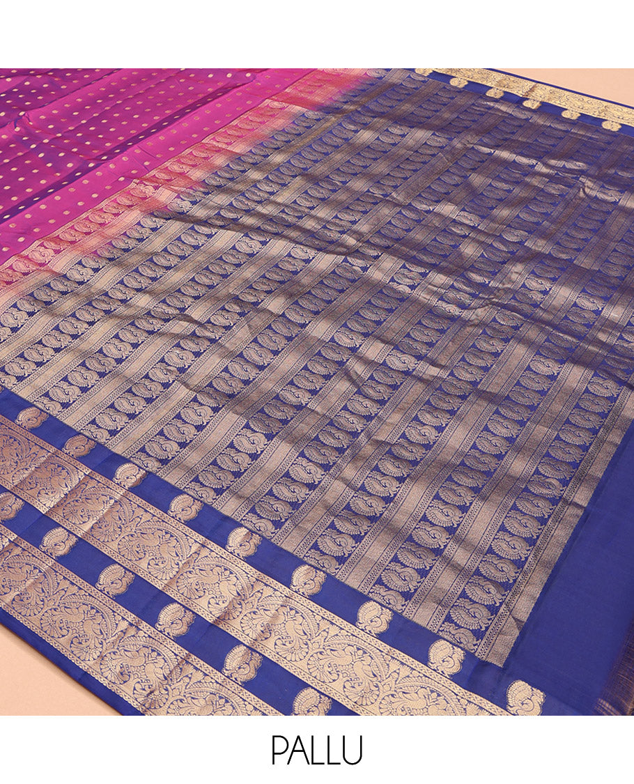 Purple Vasundhara Lite-Silk Mix Saree, Decorated with Buttas All Over Its Body, Complemented by a Contrast Border Steeped with Mayil Designs, Grandly Pallu of Mayil Designs, and Paired with a Contrast Blouse