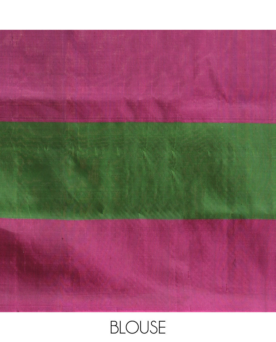 Green mayuri soft silk saree with contrast temple border & striped pallu