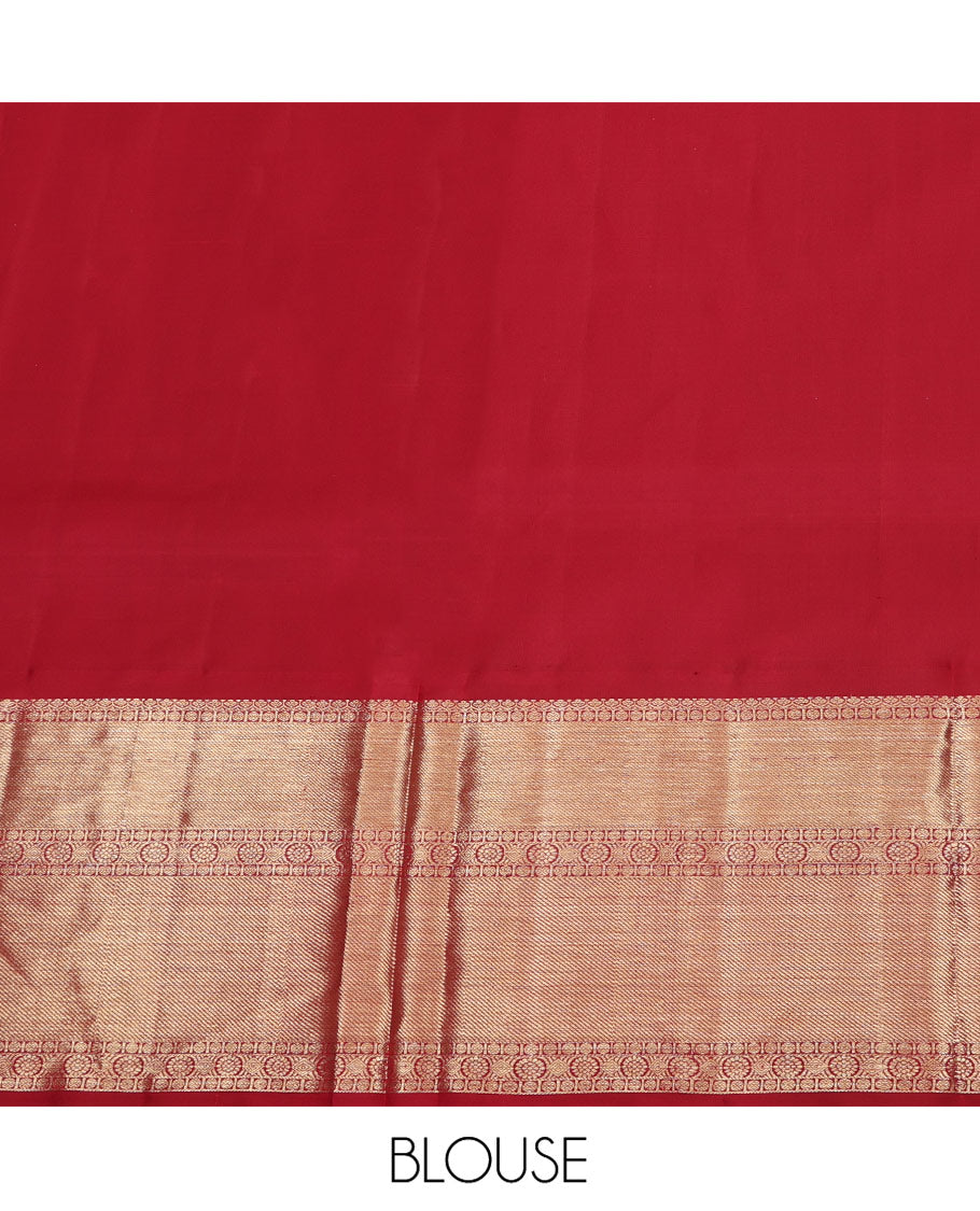 Cream Pure Silk Half-Saree, Enthralled with Zari Buttas All Over Its Skirt, Complemented by Contrast Wedding-Theme Border of Poo Chakram and Rudraksham Designs, Paired with a Contrast Blouse, and Comes with a Dhavani of Ogee Patterns