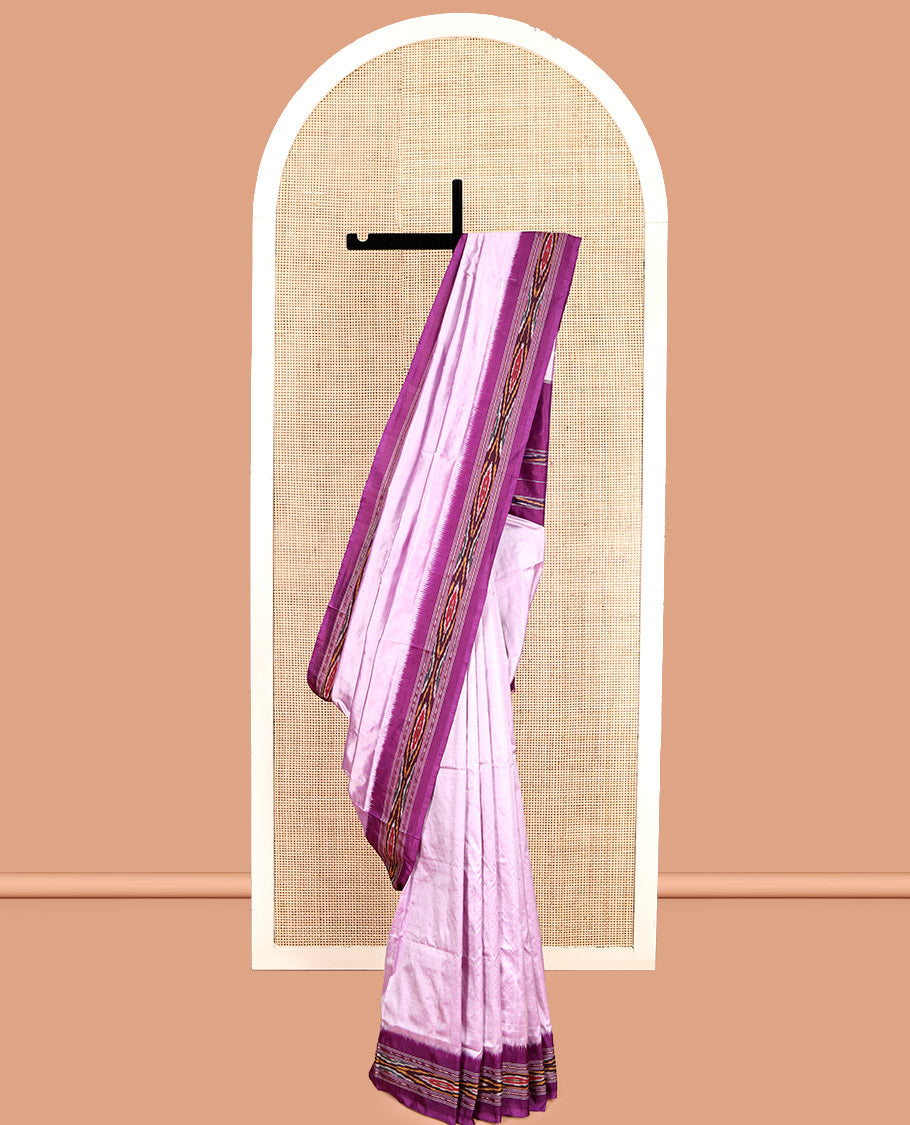 Light Lavender Plain Pochampally Ikat Silk Saree, Complemented by a Contrast Ikat Textured Border, Ikat Pallu, and No Blouse