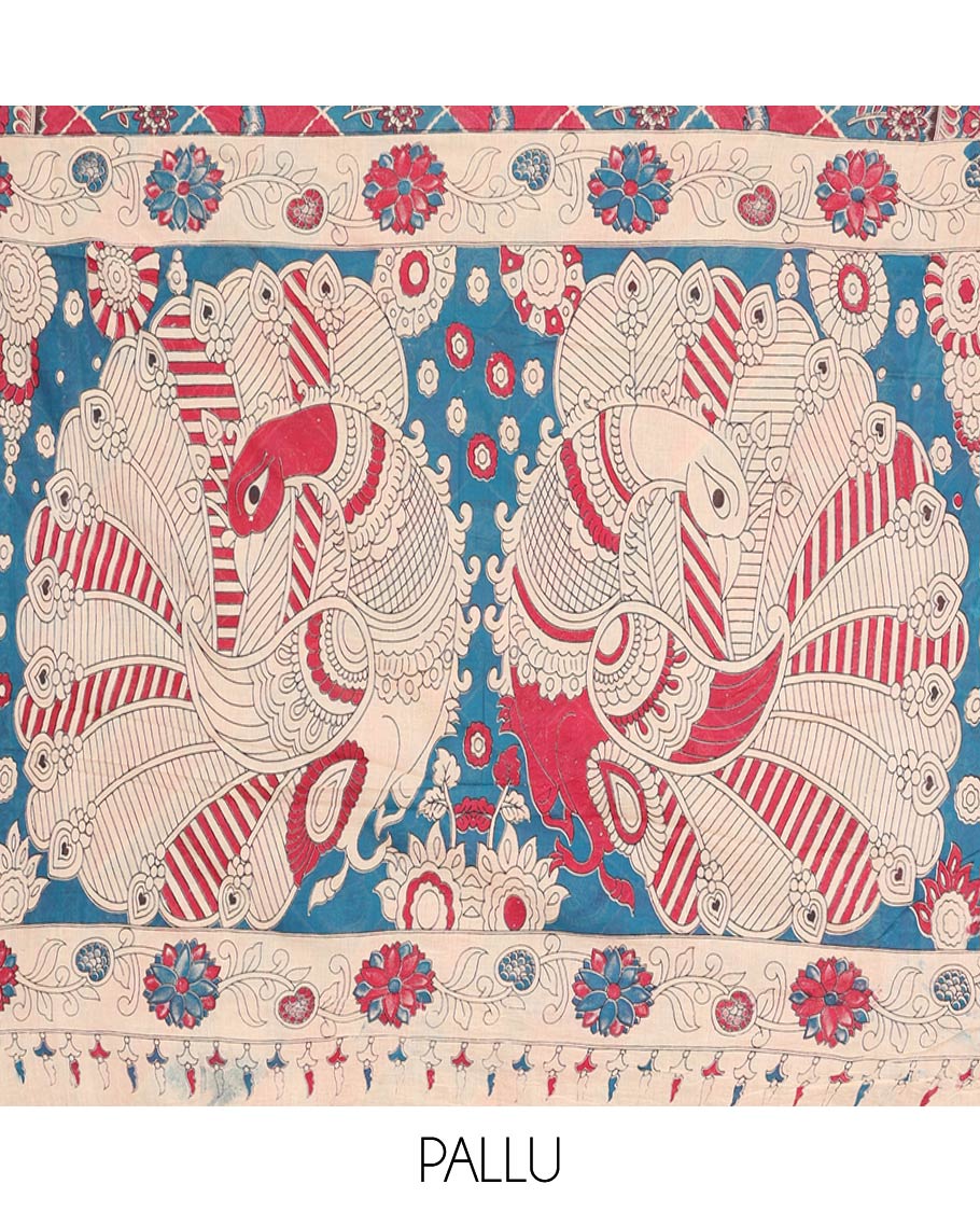Blue Machine-Printed Kalamkari Cotton Saree Features Butta Enclosed Jaal, Floral Printed Border, Pallu of Peacocks, and a Contrast Blouse